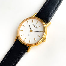 Load image into Gallery viewer, Vintage 1995 Ladies&#39; Gold-Plated Longines Quartz Watch with Black Leather Strap
