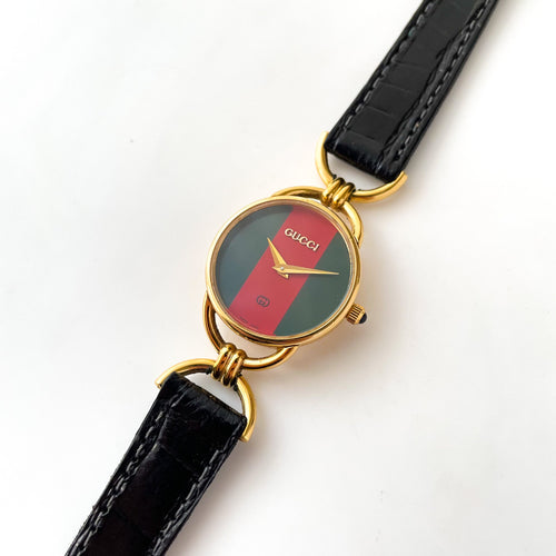 90s Gold-Plated Gucci Watch with Green/Red Dial and Black Leather Strap