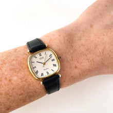 Load image into Gallery viewer, Very Thin 1980s Gold-Plated Ladies&#39; Seiko Exceline Watch with Black Leather Strap
