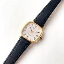 Load image into Gallery viewer, Very Thin 1980s Gold-Plated Ladies&#39; Seiko Exceline Watch with Black Leather Strap
