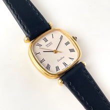 Load image into Gallery viewer, Very Thin 1980s Gold-Plated Ladies&#39; Seiko Exceline Watch with Black Leather Strap
