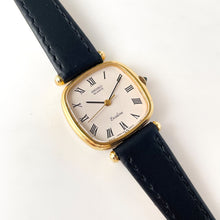 Load image into Gallery viewer, Very Thin 1980s Gold-Plated Ladies&#39; Seiko Exceline Watch with Black Leather Strap
