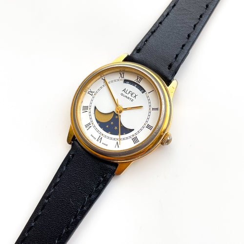 Vintage Ladies Alfex Moon Phase Watch with Black Leather Strap