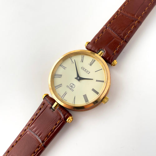 80s Unisex Gucci Quartz Watch with Beige Dial and Brown Leather Strap