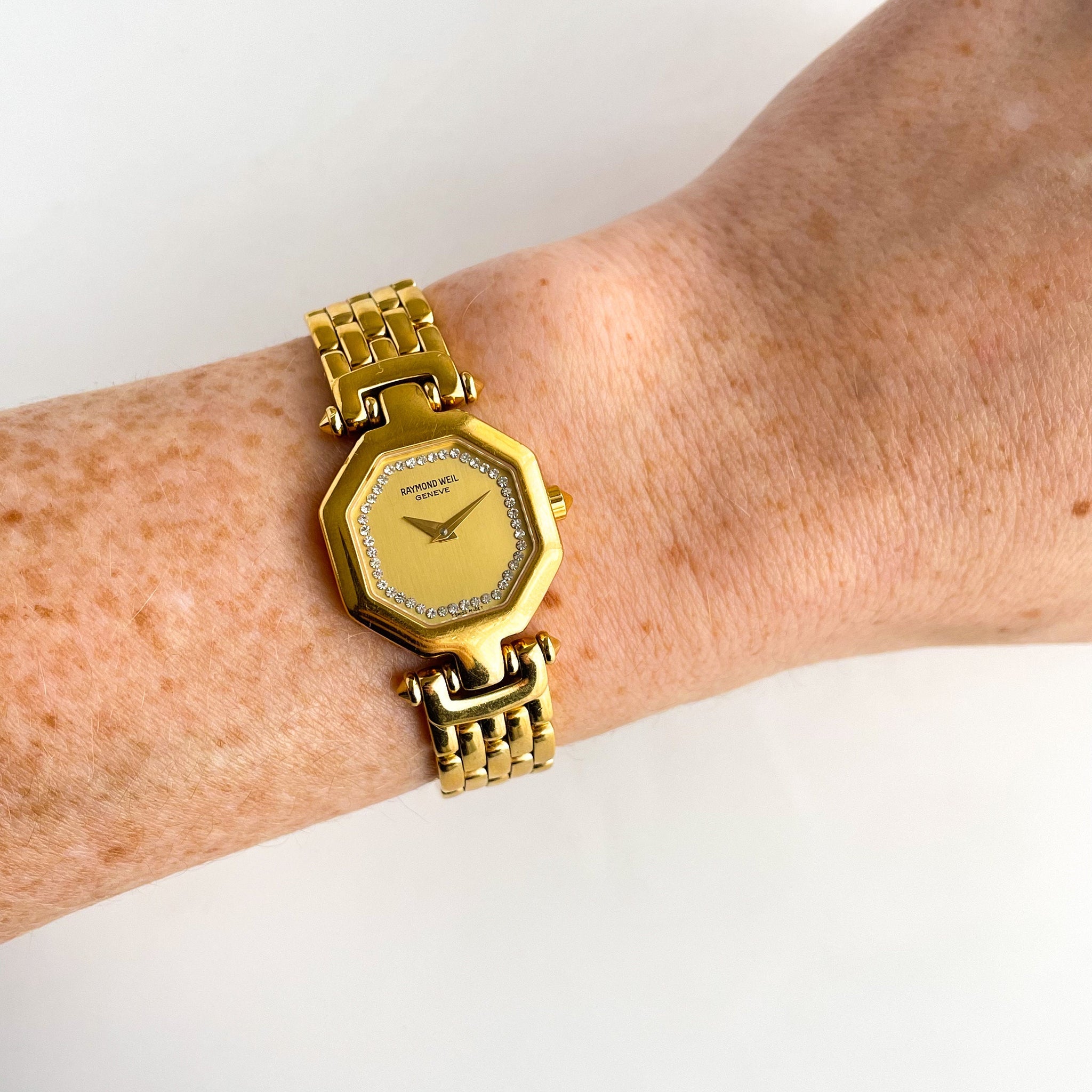 Vintage Ladies Octagonal Gold Plated Raymond Weil Quartz Watch with Diamonds