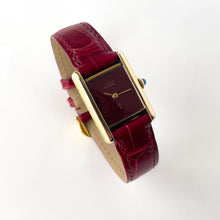 Load image into Gallery viewer, Vintage 1982 Cartier Tank Must Vermeil - Mechanical Movement - Gold-Plated Silver 925 with Burgundy Dial and Leather Strap
