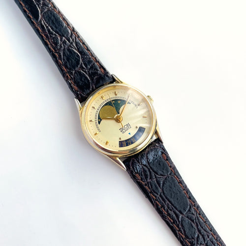 Vintage Ladies Zeon Moon Phase Quartz Watch with Dark Brown Leather Strap