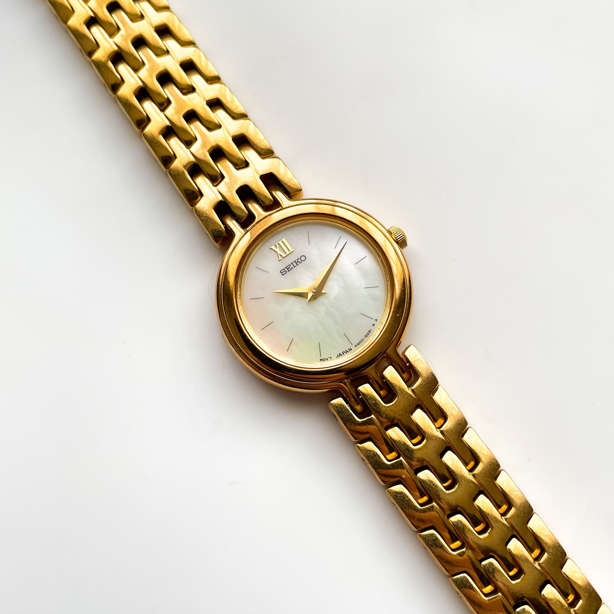 Vintage 1990s Gold-Plated Ladies' Seiko Quartz Watch with Round Mother of  Pearl Dial