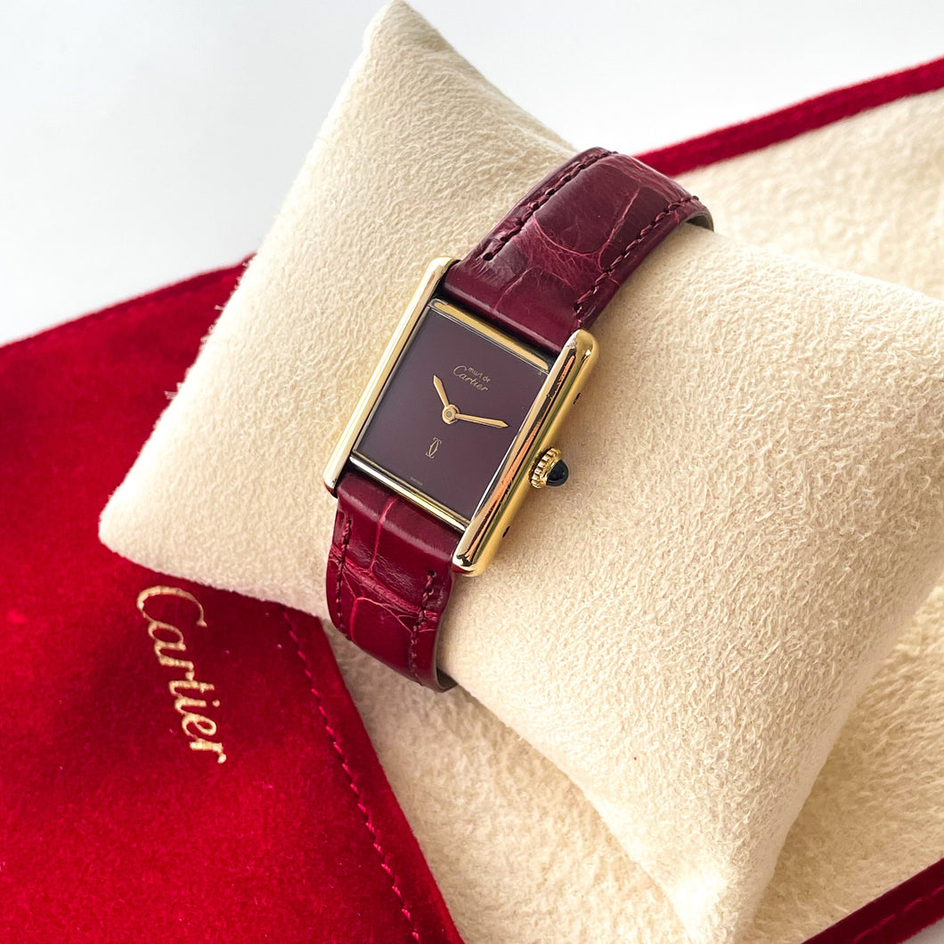 Vintage 1982 Cartier Tank Must Vermeil - Mechanical Movement - Gold-Plated Silver 925 with Burgundy Dial and Leather Strap