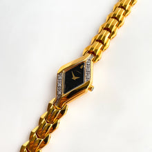 Load image into Gallery viewer, Very Rare 1995 Gold-Plated Asymmetrical Lassale (Seiko) Quartz Watch with Black Dial and Diamond Set Bezel
