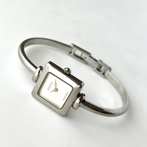 90s Silver-Tone Gucci Bangle Watch with Square Dial