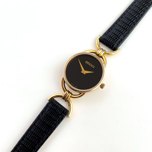 90s Gold-Plated Gucci Watch with Black Leather Strap