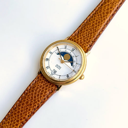 Vintage Ladies Alfex Moon Phase Quartz Watch with Brown Leather Strap