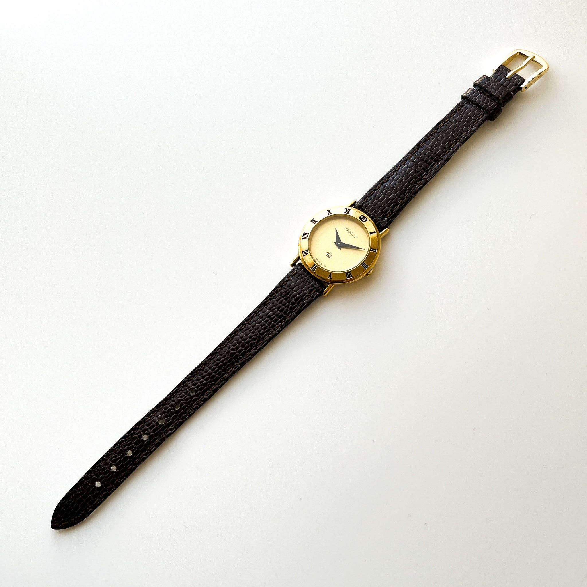 90s Gold-Plated Gucci Quartz Watch with Brown Leather Strap – Finchley  Watches