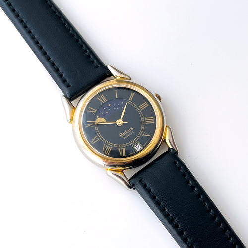 Vintage Ladies/Unisex Sutus Moon Phase Quartz Watch with Black Leather Strap