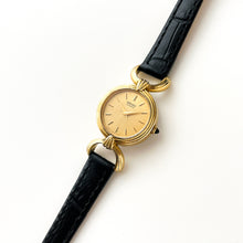 Load image into Gallery viewer, Rare 1980 Gold-Plated Ladies&#39; Seiko Watch with Black Leather Strap
