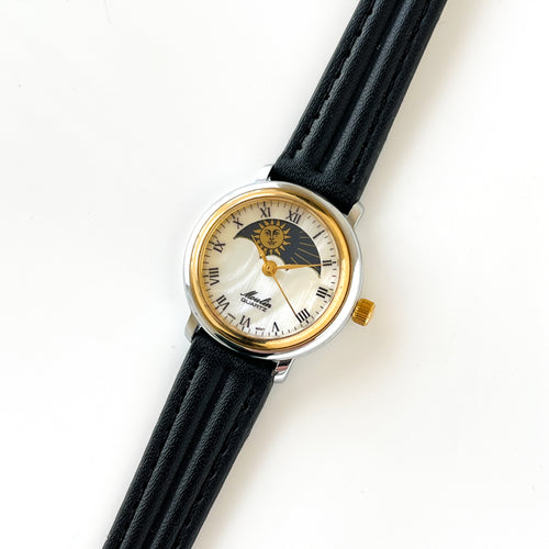 Vintage Sun & Moon Moulin Quartz Watch with Black Leather Strap