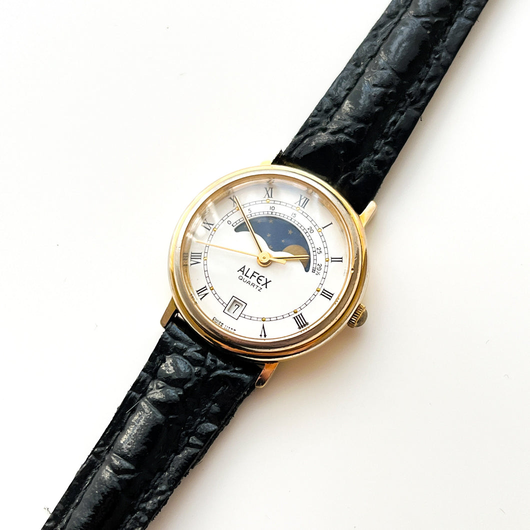 Vintage Ladies Alfex Moon Phase Quartz Watch with Black Leather Strap