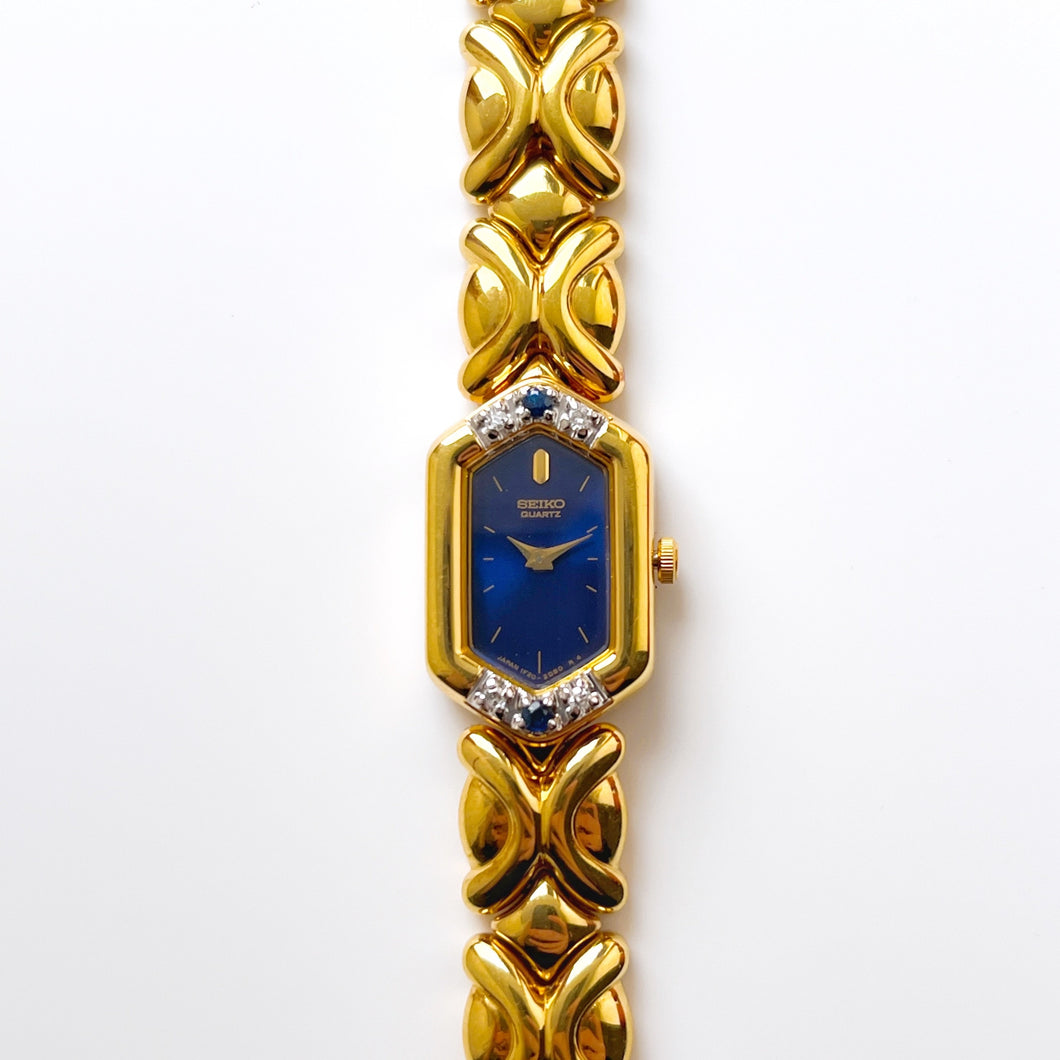 Rare Vintage 1990s 18ct Gold-Plated Ladies' Seiko Quartz Watch With Blue Dial, Diamonds and Sapphires