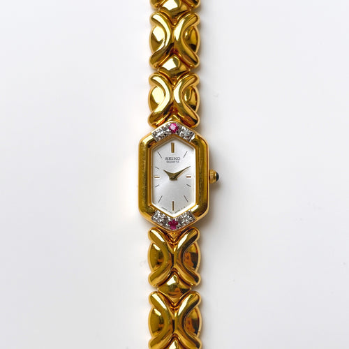 Rare Vintage 1990s 18ct Gold-Plated Ladies' Seiko Quartz Watch With Silver Dial, Diamonds and Rubies