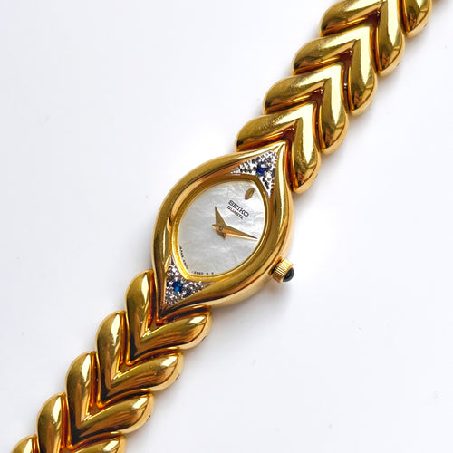 Rare Vintage 1990s 18ct Gold-Plated Ladies' Seiko Quartz Watch With Mother of Pearl Dial and Sapphires