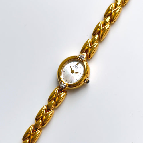 Rare Vintage 1990s 18ct Gold-Plated Ladies' Seiko Quartz Watch With Tiny Silver Dial and Genuine Diamonds