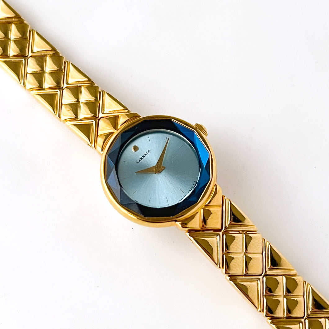 Very Rare 1990s Gold-Plated Lassale (Seiko) Quartz Watch with Blue Dial and Faceted Crystal