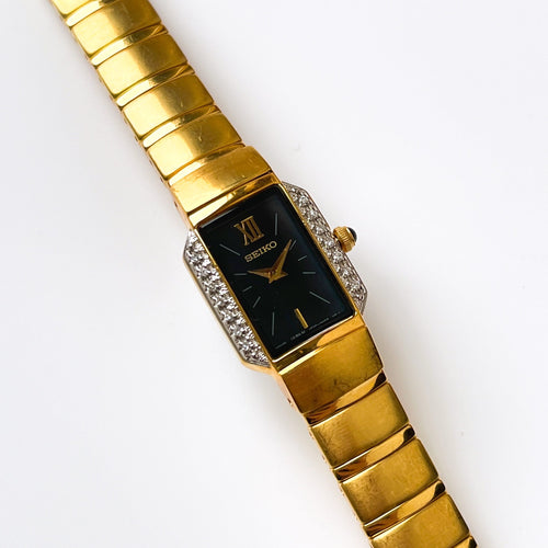 Rare Vintage 1990s 18ct Gold-Plated Ladies' Seiko Quartz Watch With Black Dial and Genuine Diamonds