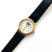 Load image into Gallery viewer, Ladies&#39; 90s Moon Phase Rotary Quartz Watch with Black Leather Strap
