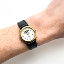 Load image into Gallery viewer, Ladies&#39; 90s Moon Phase Rotary Quartz Watch with Black Leather Strap
