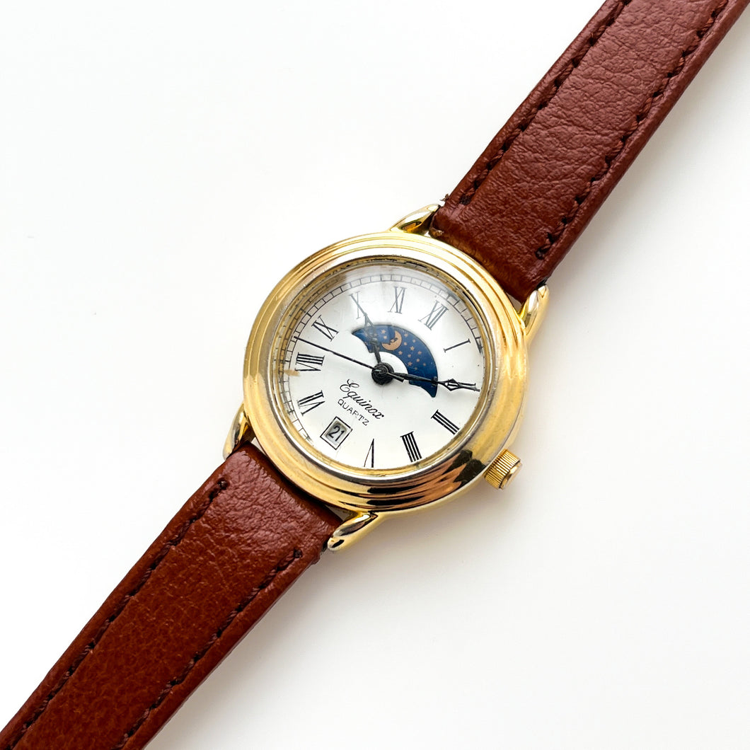 Ladies' 90s Sun & Moon Equinox Quartz Watch with Brown Leather Strap