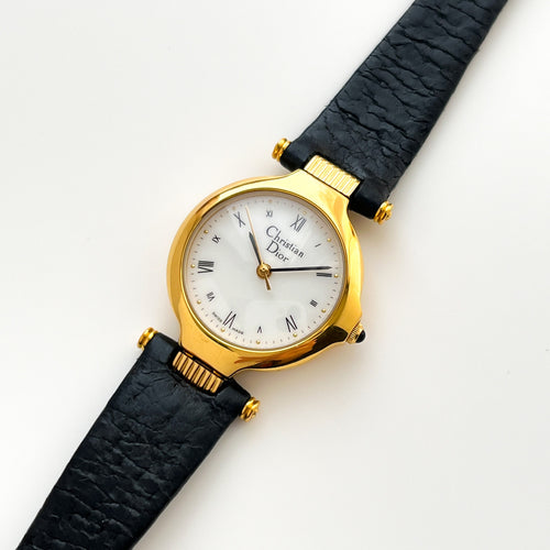 Vintage Christian Dior Gold-Plated Ladies' Quartz Watch with Black Leather Strap