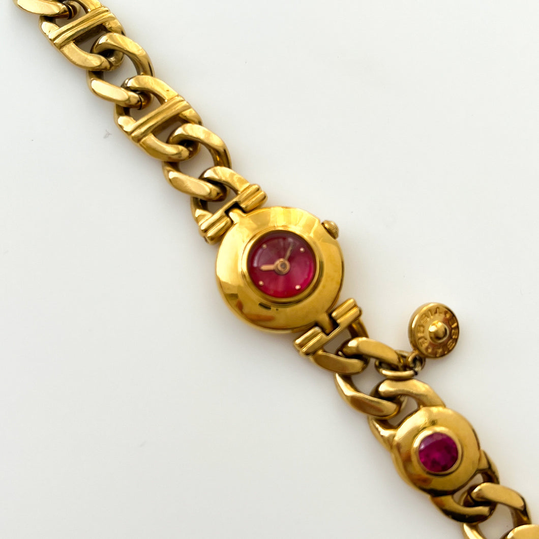 Very Rare 1990 Gold-Plated Seiko Jewellery Quartz Watch with Tiny Red Dial, Domed Glass and Chain Bracelet