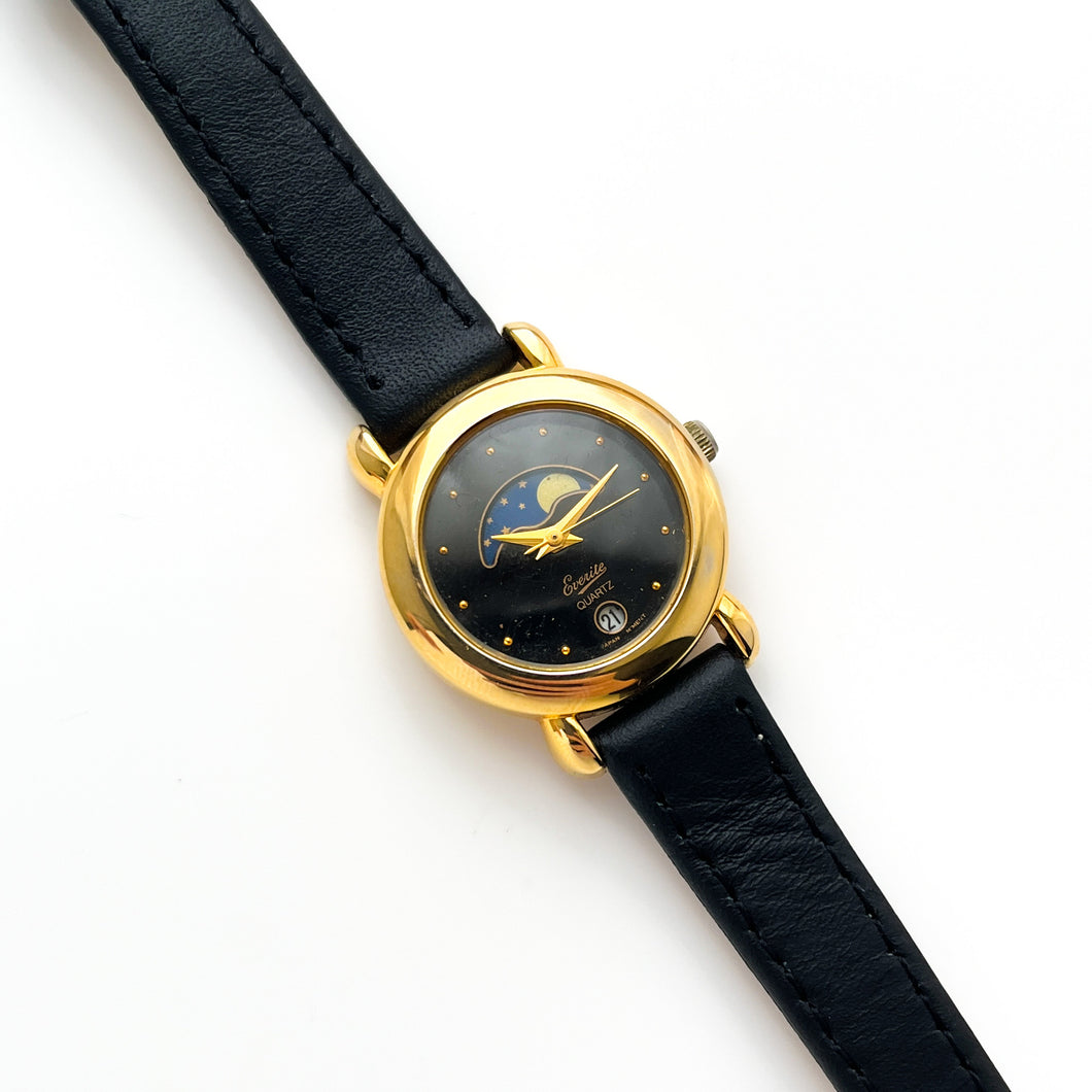 Vintage Ladies' Everite Moon Phase Quartz Watch with Black Leather Strap