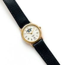 Load image into Gallery viewer, Ladies&#39; 90s Moon Phase Rotary Quartz Watch with Black Leather Strap
