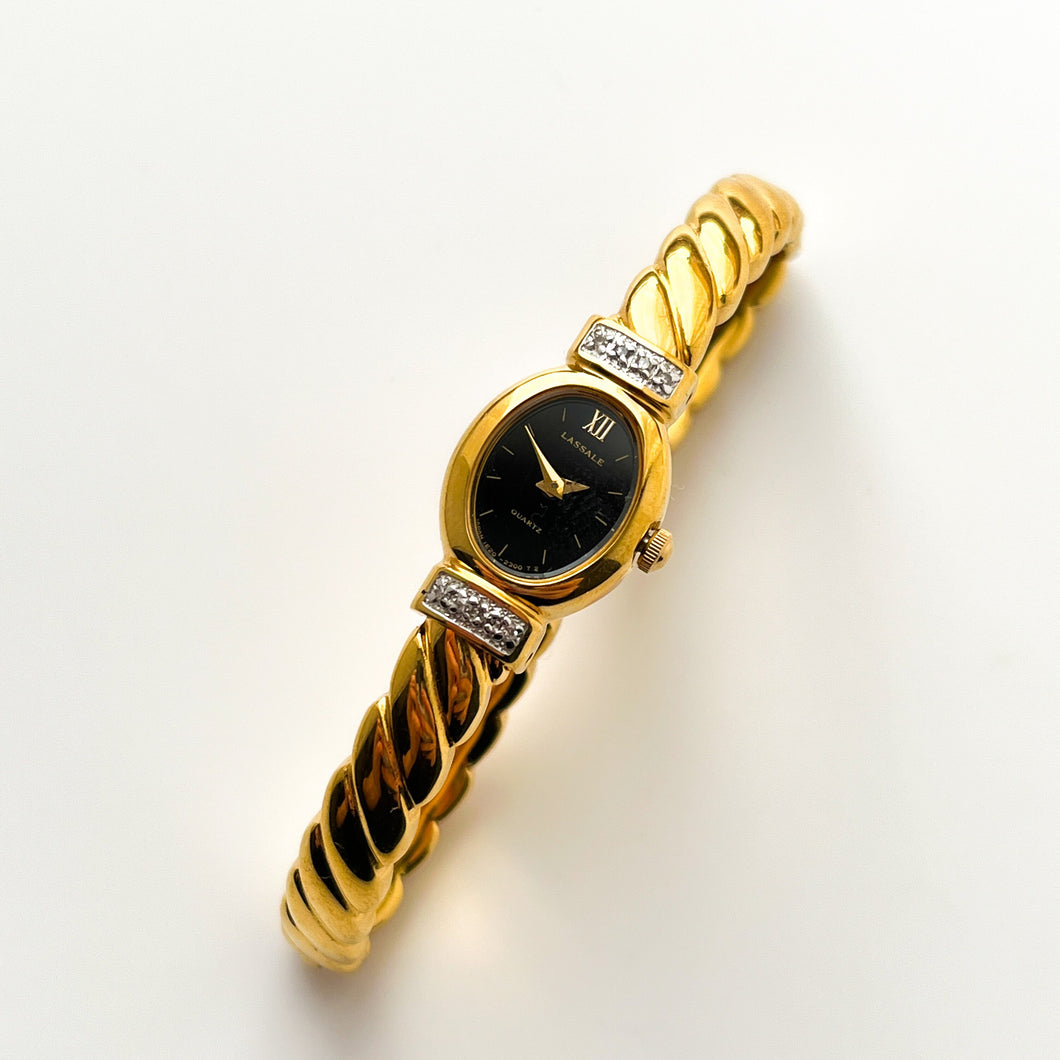 Rare 1990s Gold-Plated Lassale (Seiko) Articulated Bangle Quartz Watch with Black Dial and Diamond-Set Bezel