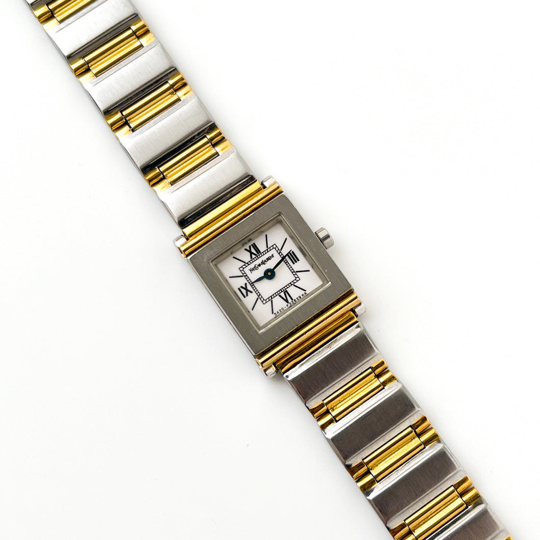 Vintage 90s Yves Saint Laurent Ladies' Tank-Style Quartz Watch with Two-Tone Bracelet and White Roman Numerals